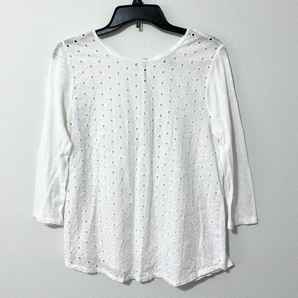 Lucky Brand White Eyelet Blouse 3/4 Sleeve Back Zip Boho Top Medium